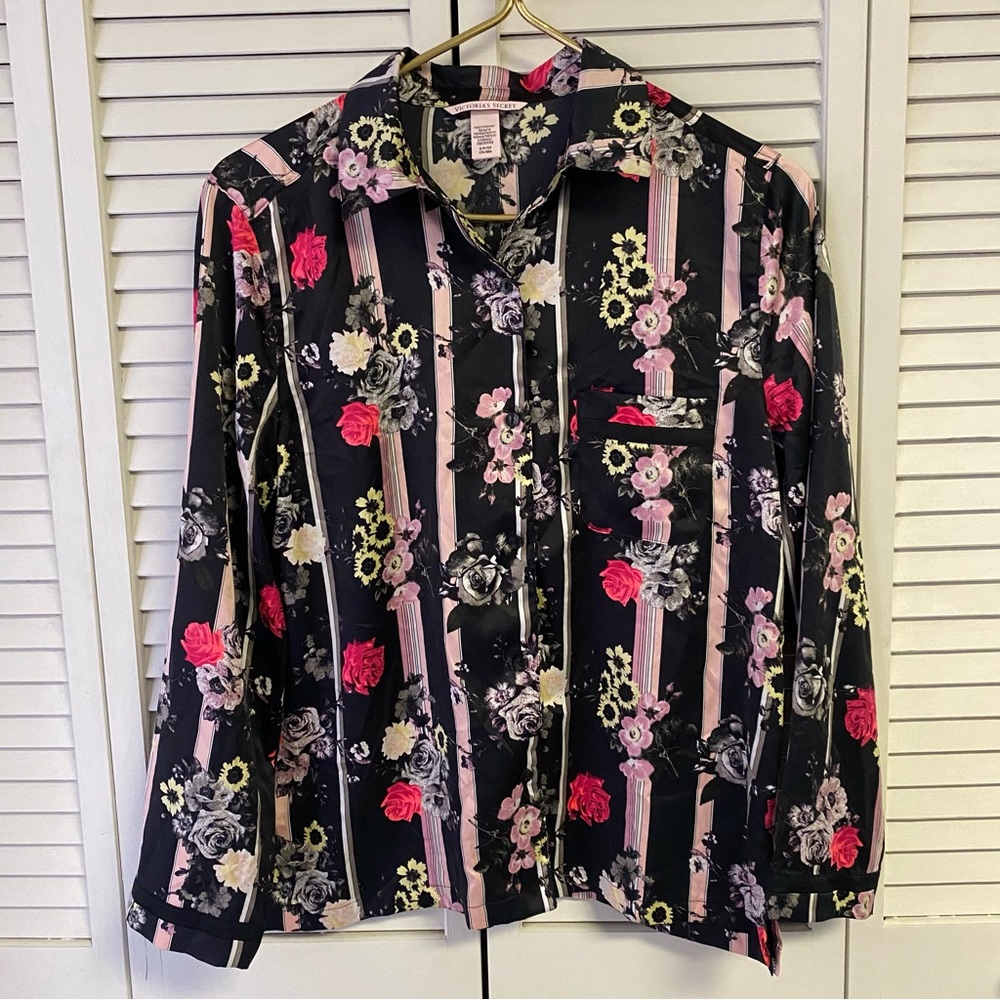 Victoria Secret Silky Sleep Shirt Black/Pink Striped with Pink Flowers Size Sm